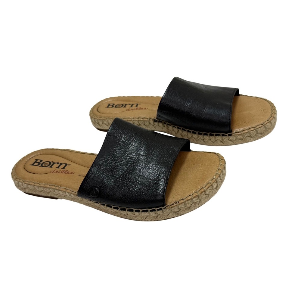 Born Drilles Leather Flat Slide Sandals 8M Black Espadrille Jute Slip On Natural